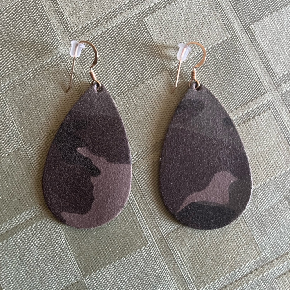 Camouflage Suede Dangle Earrings Gold Backings